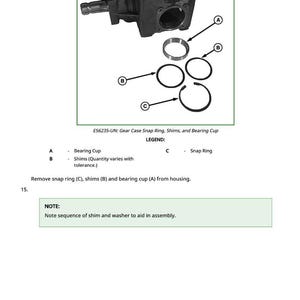 May include: Diagram of a gear case assembly with a bearing cup, shims, and snap ring. The image includes labels and a legend identifying the components. Text reads "E56235-UN: Gear Case Snap Ring, Shims, and Bearing Cup."