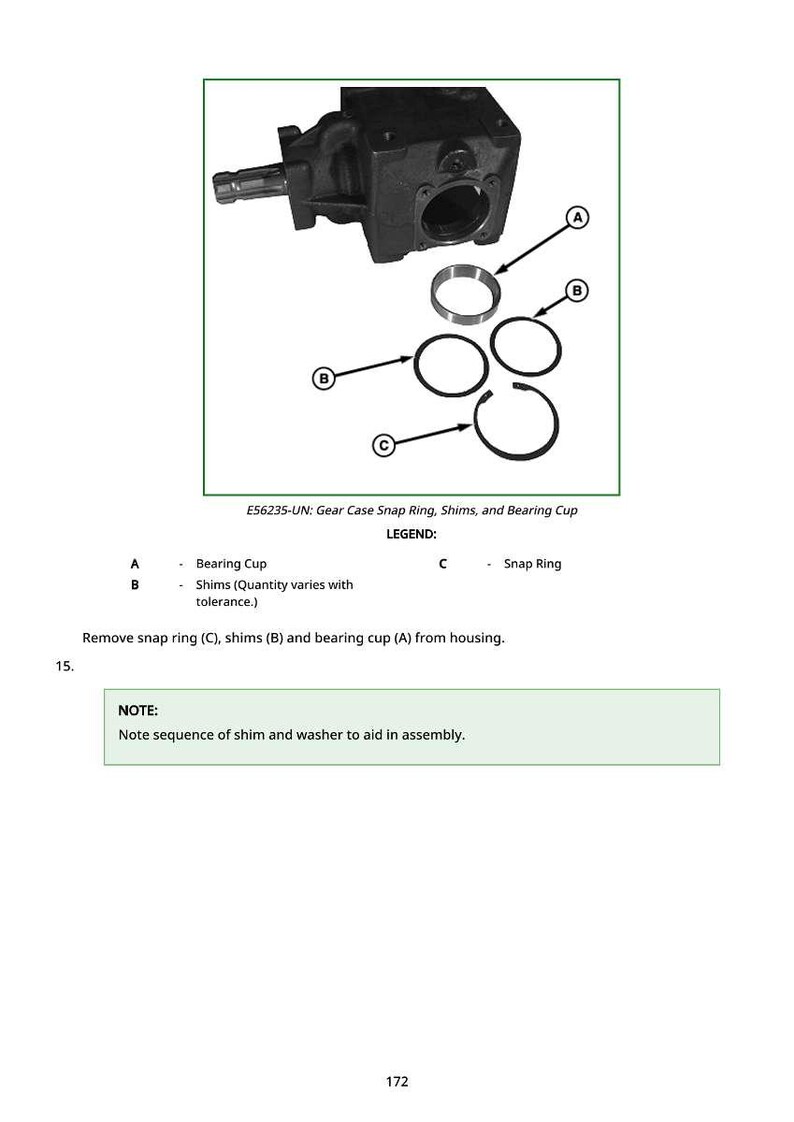 May include: Diagram of a gear case assembly with a bearing cup, shims, and snap ring. The image includes labels and a legend identifying the components. Text reads "E56235-UN: Gear Case Snap Ring, Shims, and Bearing Cup."
