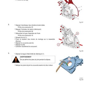 May include: Diagram of engine components with labels and arrows, including a red gasket, a silver engine block, and a blue engine part. Text in French describes the steps for disassembly.