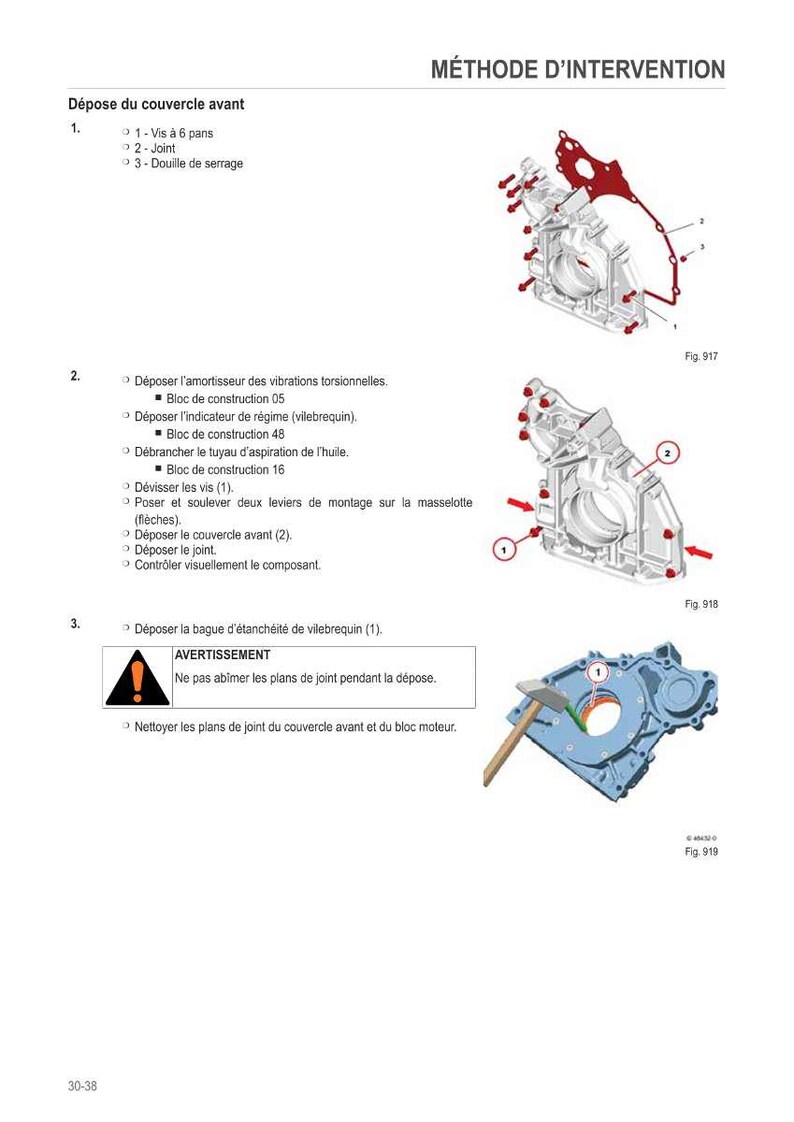 May include: Diagram of engine components with labels and arrows, including a red gasket, a silver engine block, and a blue engine part. Text in French describes the steps for disassembly.
