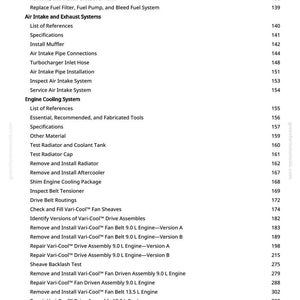 May include: A page from a manual with a table of contents. The text includes sections on fuel tanks, air intake, exhaust systems, and engine cooling. Page numbers are listed on the right.