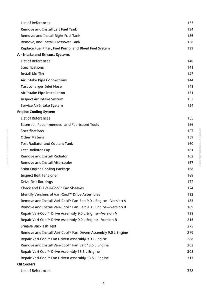 May include: A page from a manual with a table of contents. The text includes sections on fuel tanks, air intake, exhaust systems, and engine cooling. Page numbers are listed on the right.