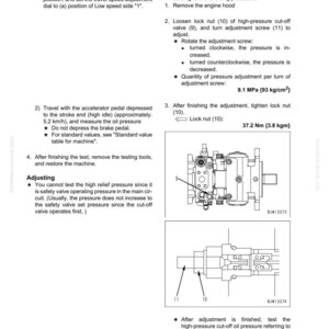 May include: Technical diagram with instructions for adjusting a high-pressure cut-off valve. The diagram includes illustrations of the valve components, along with text detailing the adjustment procedure and specifications. The text includes measurements in MPa and Nm.