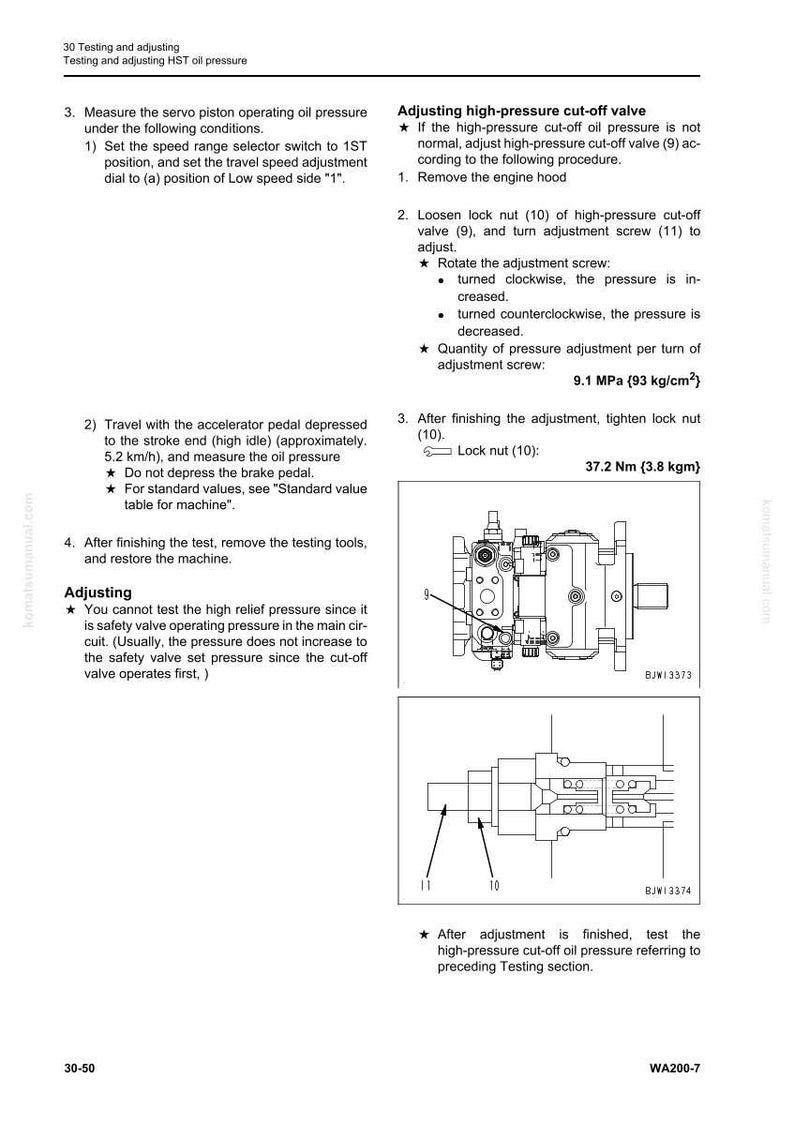 May include: Technical diagram with instructions for adjusting a high-pressure cut-off valve. The diagram includes illustrations of the valve components, along with text detailing the adjustment procedure and specifications. The text includes measurements in MPa and Nm.