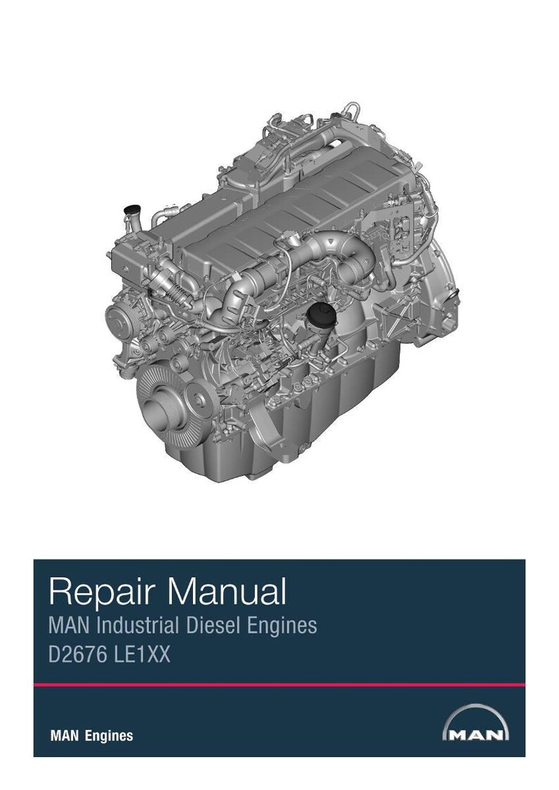 May include: A grayscale image of a complex industrial diesel engine. The engine is a detailed mechanical assembly with various pipes, cylinders, and components. The image also includes a repair manual with the text "Repair Manual" and "MAN Industrial Diesel Engines D2676 LE1XX".