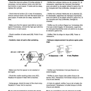 Op de afbeelding: Een Komatsu JPB2200V onderdeleninspectiediagram. Het diagram bevat tekst in het Engels en Frans, samen met illustraties van mechanische componenten. De tekst geeft instructies voor het controleren en onderhouden van diverse onderdelen.