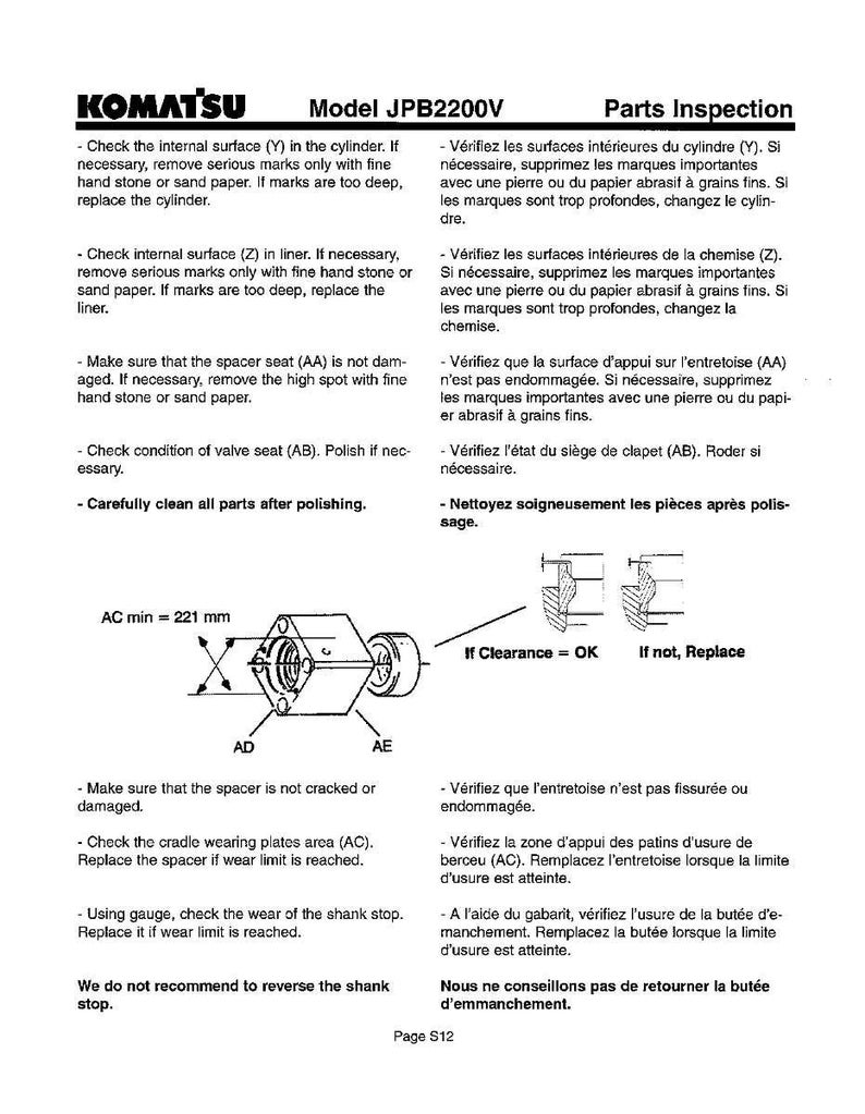 Op de afbeelding: Een Komatsu JPB2200V onderdeleninspectiediagram. Het diagram bevat tekst in het Engels en Frans, samen met illustraties van mechanische componenten. De tekst geeft instructies voor het controleren en onderhouden van diverse onderdelen.