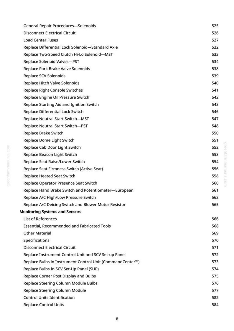 May include: A white page with a list of automotive repair procedures and components, including solenoids, switches, and electrical circuits. The text is black and organized in a vertical format with corresponding page numbers.