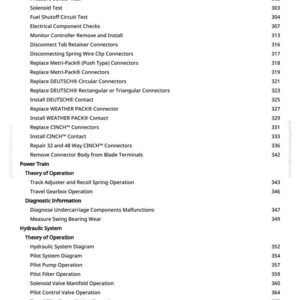 May include: A white-backgrounded page with a list of electrical component specifications and hydraulic system diagrams. The list includes tests, checks, and operations for various vehicle systems.