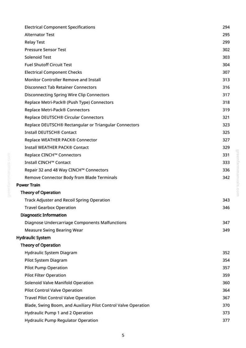 May include: A white-backgrounded page with a list of electrical component specifications and hydraulic system diagrams. The list includes tests, checks, and operations for various vehicle systems.