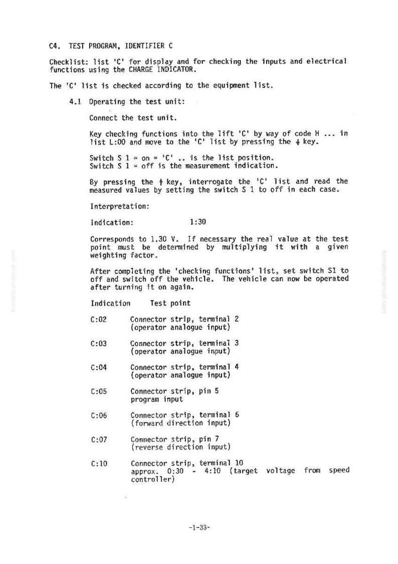 K&ouml;nnte beinhalten: Schwarz-wei&szlig; Dokument mit Text, der ein Testprogramm, Identifier C, zur &Uuml;berpr&uuml;fung von Eing&auml;ngen und elektrischen Funktionen detailliert. Enth&auml;lt Anweisungen, Anzeigen und Testpunkte f&uuml;r die Fahrzeugdiagnose.