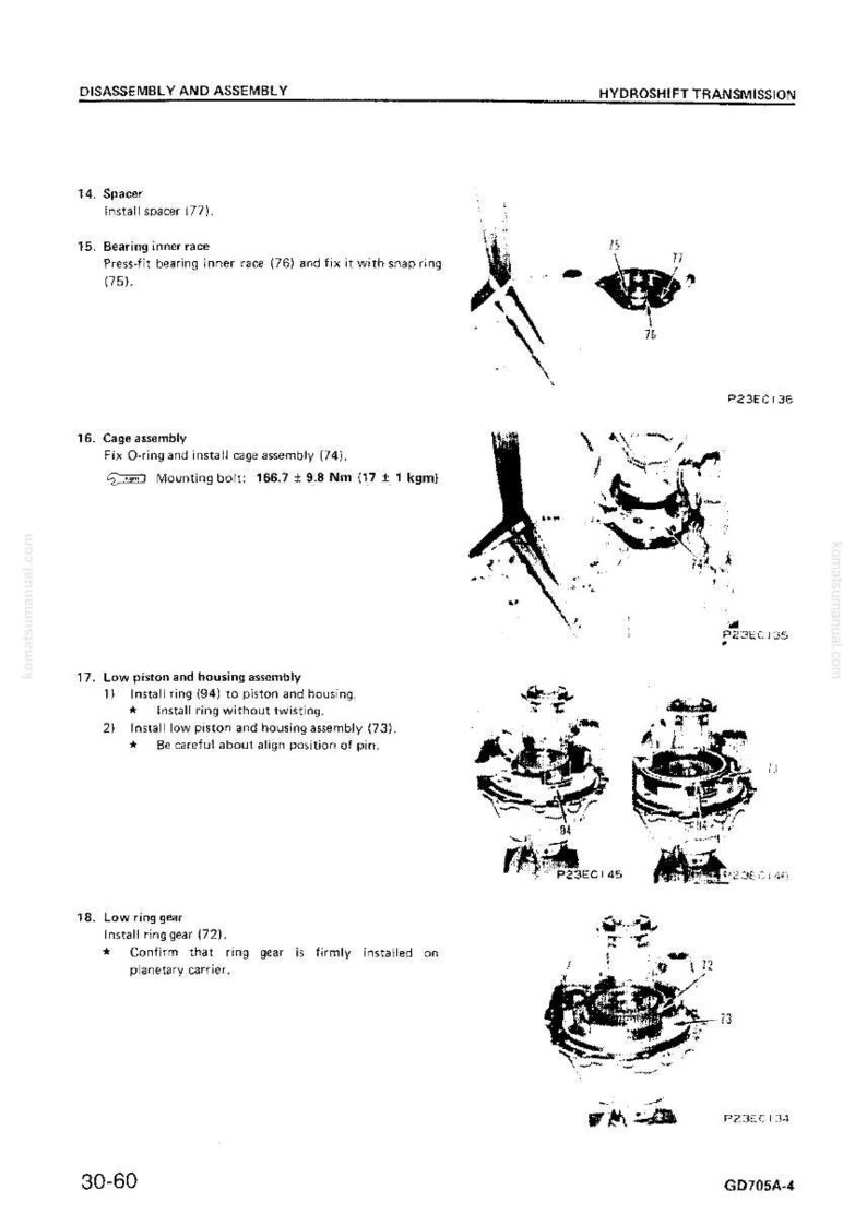 Op de afbeelding: Een technische tekening uit een handleiding, met details over de demontage en montage van een hydroshift-transmissie. De zwart-wit afbeelding bevat genummerde stappen, diagrammen van onderdelen en tekstinstructies. Het diagram bevat metingen in Nm en kgm.