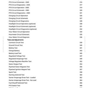 May include: A white page detailing electrical system tests and operations for a Z465 model. The list includes tests for the fuel shutoff solenoid, PTO circuits, and charging circuits. Page number 6 is visible.
