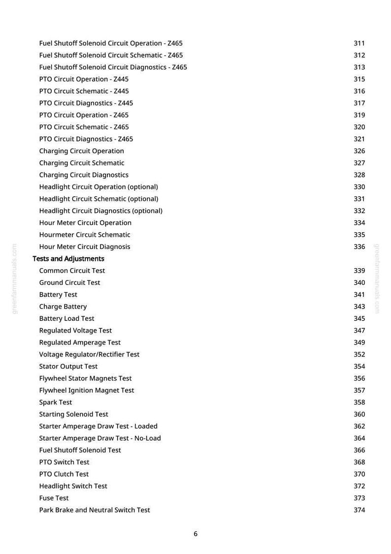 May include: A white page detailing electrical system tests and operations for a Z465 model. The list includes tests for the fuel shutoff solenoid, PTO circuits, and charging circuits. Page number 6 is visible.