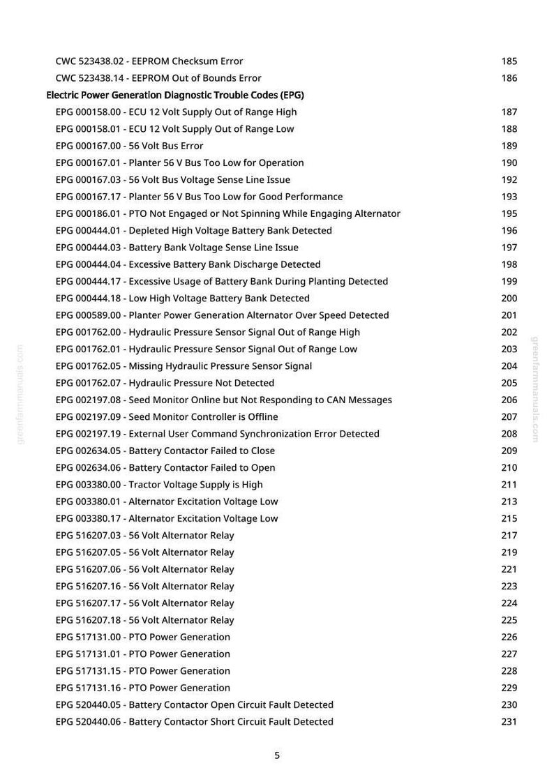 May include: A printed page from greenfarmmanuals.com displaying a list of Electric Power Generation Diagnostic Trouble Codes (EPG). The codes include errors related to voltage, sensors, and relays, with corresponding page numbers.