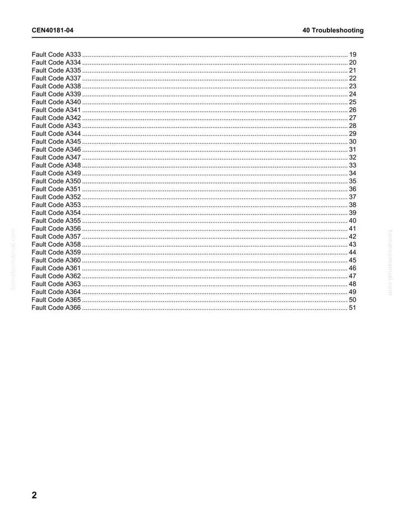 May include: A page from a manual with the title "40 Troubleshooting." The page lists fault codes A333 through A366 with corresponding page numbers. The document number CEN40181-04 is at the top.