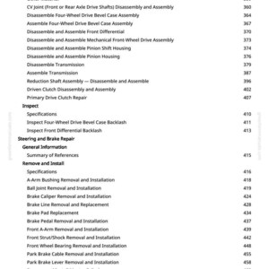 May include: A white page detailing automotive repair procedures, such as "Install Transmission" and "Brake Pad Replacement." The page includes a list of procedures and a greenfarmmanuals.com watermark.