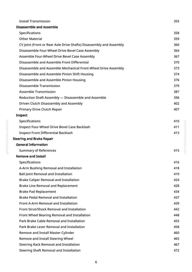 May include: A white page detailing automotive repair procedures, such as "Install Transmission" and "Brake Pad Replacement." The page includes a list of procedures and a greenfarmmanuals.com watermark.