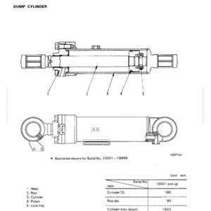 K&ouml;nnte beinhalten: Technische Zeichnung eines hydraulischen Kippzylinders mit Komponentenbezeichnungen. Enth&auml;lt Ma&szlig;e in Millimetern, wie einen Zylinderdurchmesser von 180 mm und eine maximale L&auml;nge von 1550 mm. Geeignet f&uuml;r Seriennummern ab 10001.