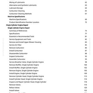 May include: A page from a manual with a table of contents for a John Deere engine repair guide. The text includes sections on engine repair, carburetor cleaning, and machine specifications.