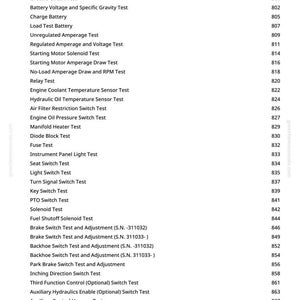 May include: A detailed list of tests and adjustments for hydrostatic transmission and other systems, including ground circuit, battery voltage, and solenoid tests. The text is in black on a white background.
