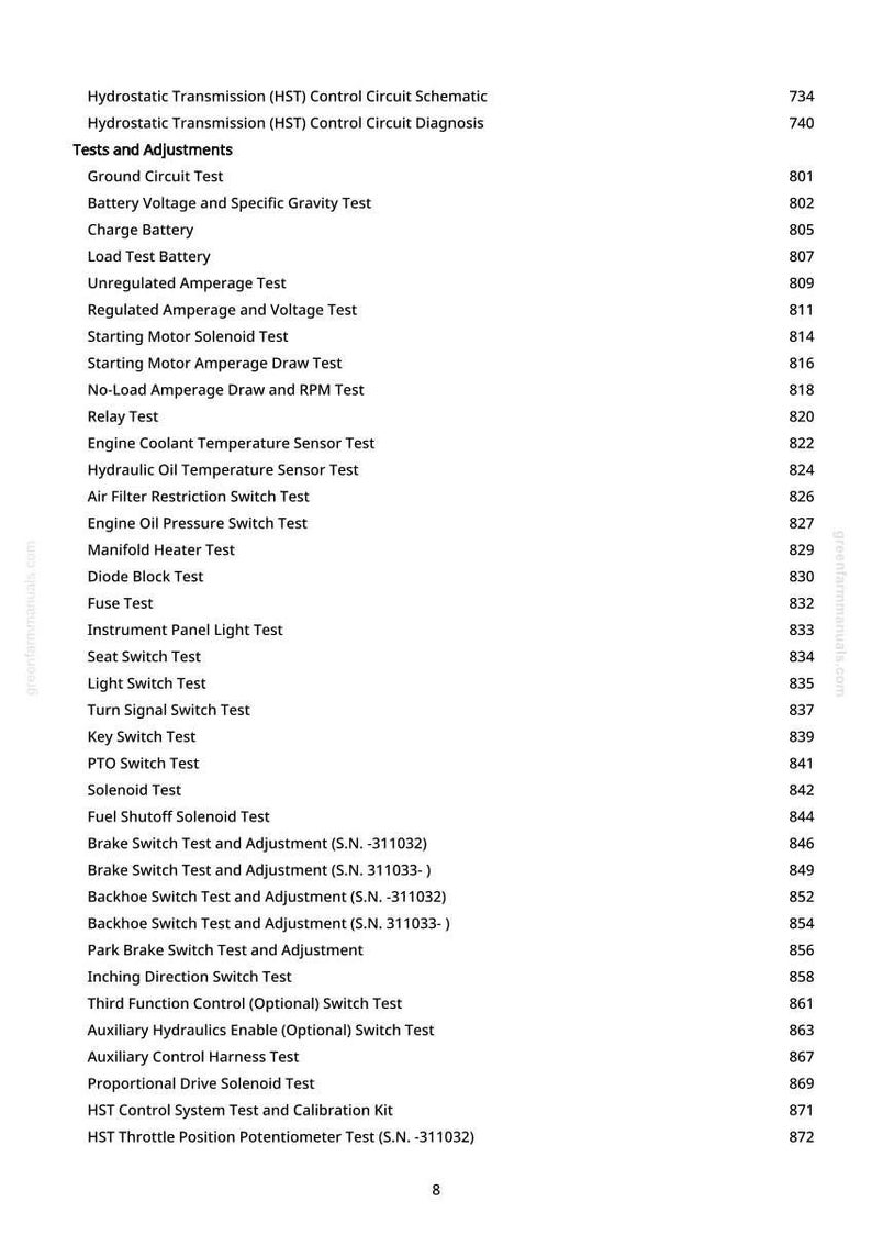 May include: A detailed list of tests and adjustments for hydrostatic transmission and other systems, including ground circuit, battery voltage, and solenoid tests. The text is in black on a white background.