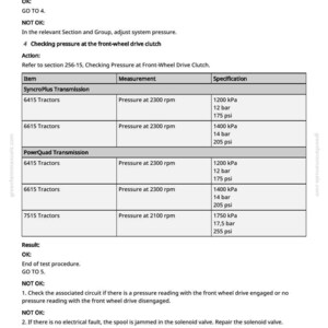 May include: A technical document with tables detailing pressure specifications for SyncroPlus and PowrQuad transmissions in tractors. Measurements are provided in kPa, bar, and psi. The document includes troubleshooting steps and references to other sections.