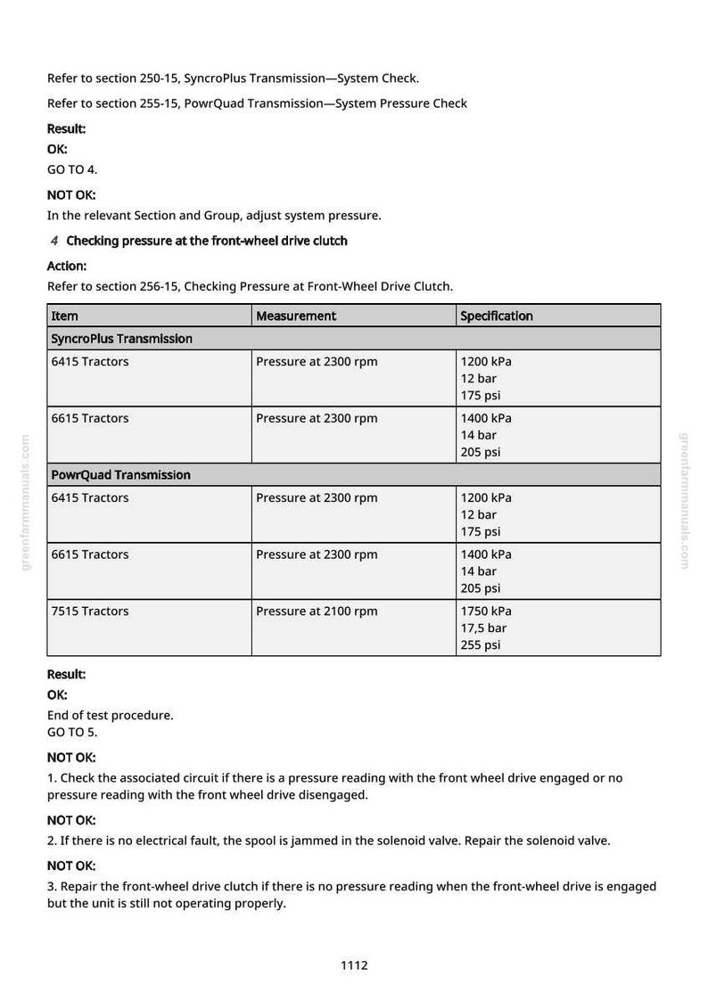 May include: A technical document with tables detailing pressure specifications for SyncroPlus and PowrQuad transmissions in tractors. Measurements are provided in kPa, bar, and psi. The document includes troubleshooting steps and references to other sections.
