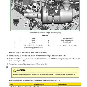 May include: Diagram of a Selective Catalyst Reduction (SCR) system with labeled components, including hoses, clamps, and probes. The image includes a caution notice about crushing injuries and a table with the weight of the SCR, which is 200 lb.
