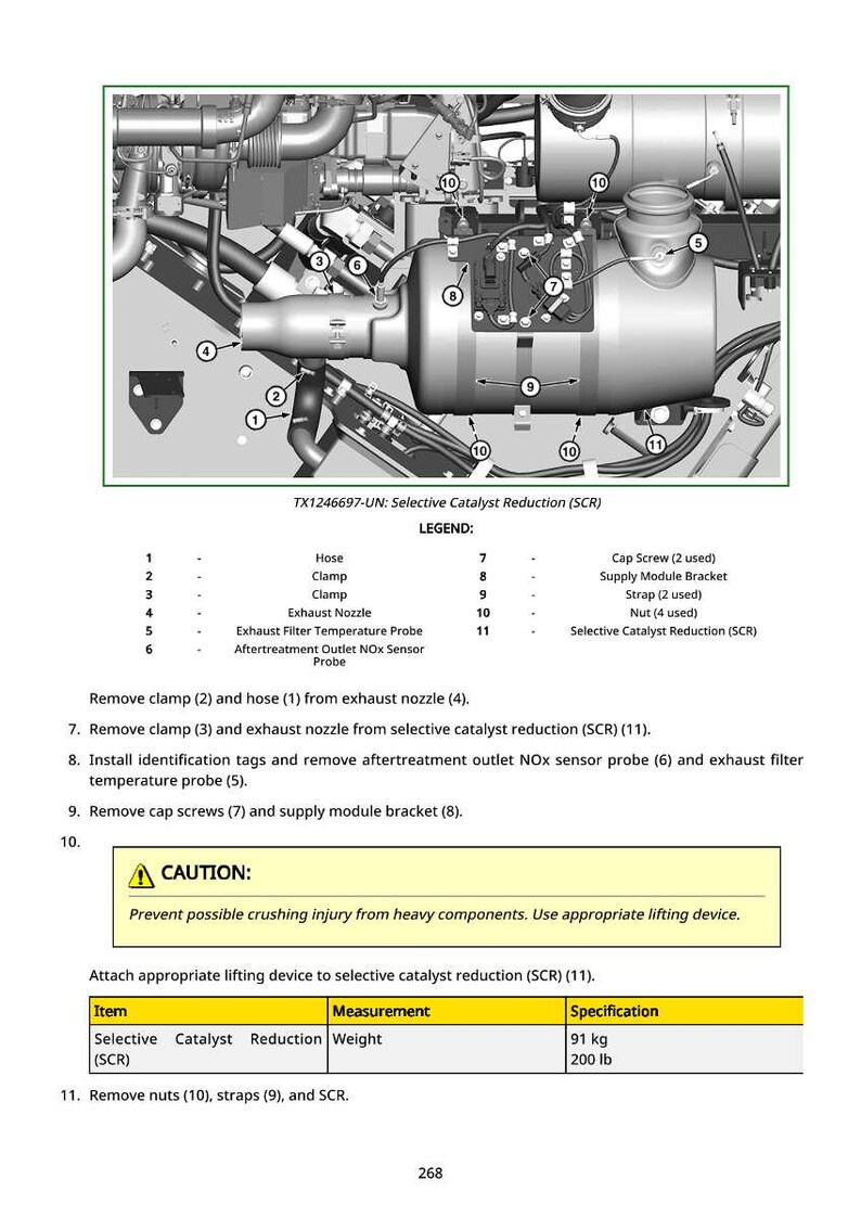 May include: Diagram of a Selective Catalyst Reduction (SCR) system with labeled components, including hoses, clamps, and probes. The image includes a caution notice about crushing injuries and a table with the weight of the SCR, which is 200 lb.