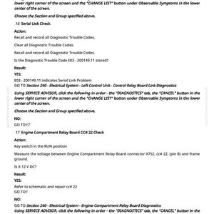 May include: A white document with black text detailing diagnostic procedures for an electrical system. The text includes instructions for using a service advisor and checking diagnostic trouble codes. The document is labeled with the number 2201.