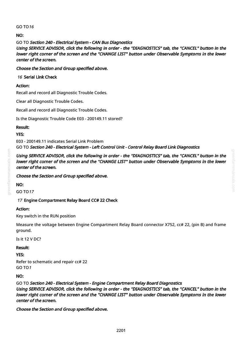 May include: A white document with black text detailing diagnostic procedures for an electrical system. The text includes instructions for using a service advisor and checking diagnostic trouble codes. The document is labeled with the number 2201.