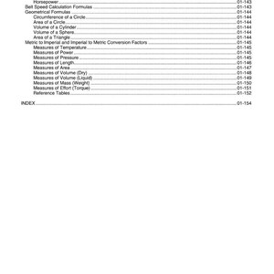 May include: A page from a reference book titled "Index." The page lists various mathematical and scientific topics, including formulas for calculating area, volume, and measures of temperature, pressure, and length. The page numbers are listed on the right.