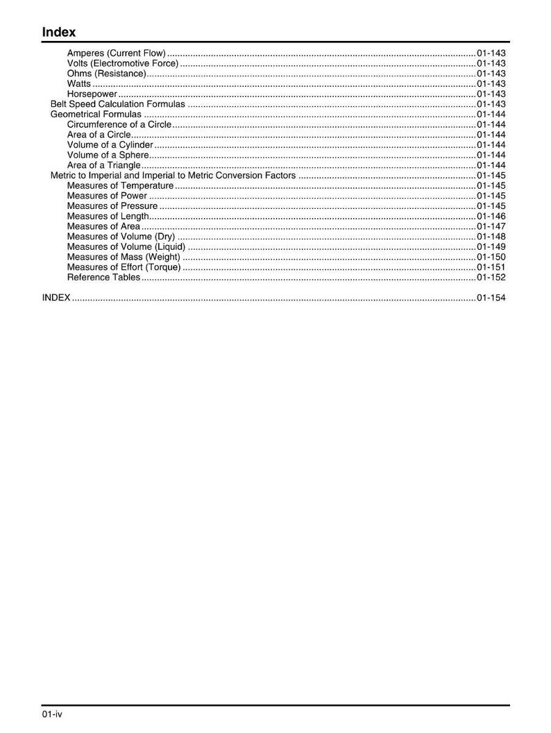 May include: A page from a reference book titled "Index." The page lists various mathematical and scientific topics, including formulas for calculating area, volume, and measures of temperature, pressure, and length. The page numbers are listed on the right.