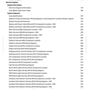 Pode incluir: Uma p&aacute;gina de manual com um &iacute;ndice. O documento lista v&aacute;rios componentes do sistema el&eacute;trico, incluindo diagramas de fia&ccedil;&atilde;o e localiza&ccedil;&otilde;es de chicotes, com os n&uacute;meros de p&aacute;gina correspondentes. O texto &eacute; preto sobre um fundo branco.
