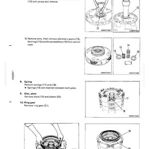 May include: Technical diagram with step-by-step instructions for disassembling mechanical components. Includes images of parts like snap rings, planetary gears, springs, discs, and plates. Text labels identify each step and part number.