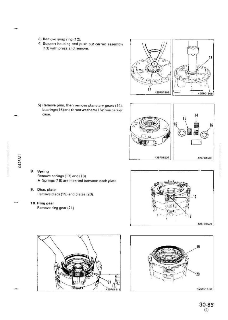 May include: Technical diagram with step-by-step instructions for disassembling mechanical components. Includes images of parts like snap rings, planetary gears, springs, discs, and plates. Text labels identify each step and part number.