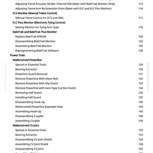Op de afbeelding: Een witte pagina met een gedetailleerde inhoudsopgave, met specificaties en procedures voor het onderhoud van landbouwmachines. Onderwerpen zijn onder meer actuatoraanpassingen, monitorinstellingen en aandrijflijncomponenten.