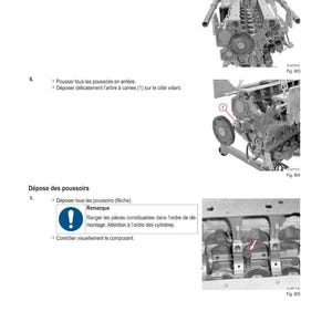 May include: Technical diagram showing engine components and assembly instructions. Includes detailed illustrations of engine parts, with arrows indicating steps. Text in French provides guidance on the intervention method.