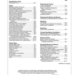 May include: A detailed table of contents from a manual, with headings and page numbers. The text includes safety information, operating instructions, and maintenance procedures for a machine, likely agricultural equipment.