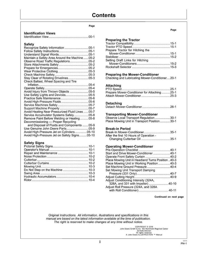May include: A detailed table of contents from a manual, with headings and page numbers. The text includes safety information, operating instructions, and maintenance procedures for a machine, likely agricultural equipment.