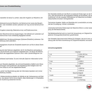 May include: A page from a Wacker Neuson parts catalog with German text, including conversion tables for volume, length, weight, speed, and torque. The catalog provides information on machine parts and specifications.