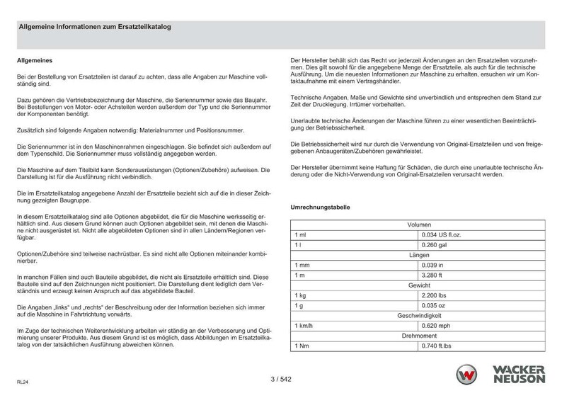 May include: A page from a Wacker Neuson parts catalog with German text, including conversion tables for volume, length, weight, speed, and torque. The catalog provides information on machine parts and specifications.