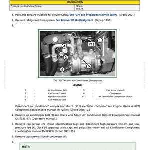 May include: Diagram illustrating air conditioning compressor removal and installation, with torque specifications. The image details compressor components and instructions for servicing the unit. Measurements are in Newton-metres and pound-feet.