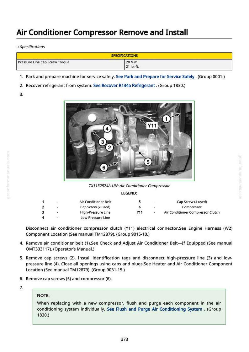 May include: Diagram illustrating air conditioning compressor removal and installation, with torque specifications. The image details compressor components and instructions for servicing the unit. Measurements are in Newton-metres and pound-feet.