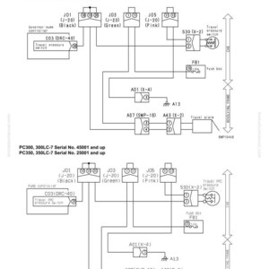 May include: An electrical circuit diagram for a Travel PPC Hydraulic Switch and Travel Alarm. The diagram includes components like a fuse box, travel pressure switch, and various connectors labeled J01, J03, and J05. The diagram is for PC300 and PC350 series machines.