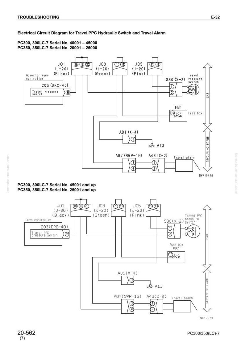 May include: An electrical circuit diagram for a Travel PPC Hydraulic Switch and Travel Alarm. The diagram includes components like a fuse box, travel pressure switch, and various connectors labeled J01, J03, and J05. The diagram is for PC300 and PC350 series machines.