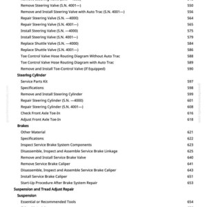 May include: A page from a manual with a table of contents for vehicle repair. The headings include "Bleed Steering System," "Steering Cylinder," "Brakes," and "Suspension and Tread Adjust Repair." Page numbers are listed on the right.