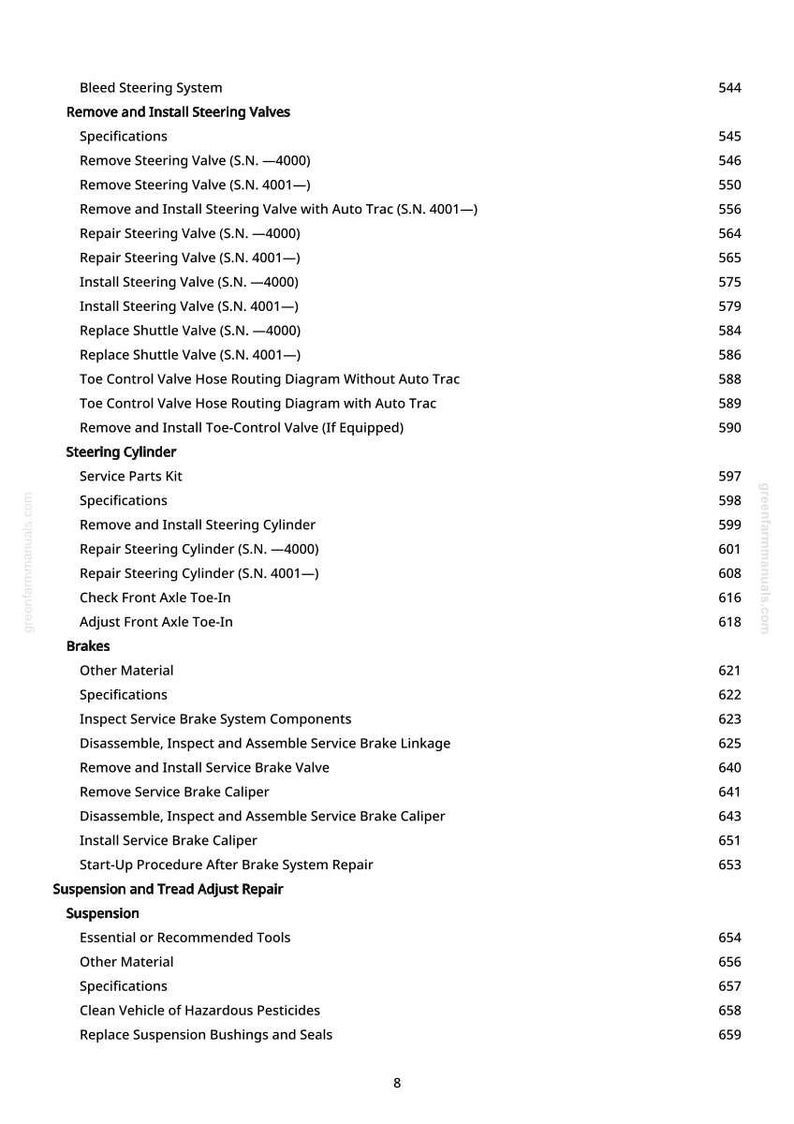 May include: A page from a manual with a table of contents for vehicle repair. The headings include "Bleed Steering System," "Steering Cylinder," "Brakes," and "Suspension and Tread Adjust Repair." Page numbers are listed on the right.