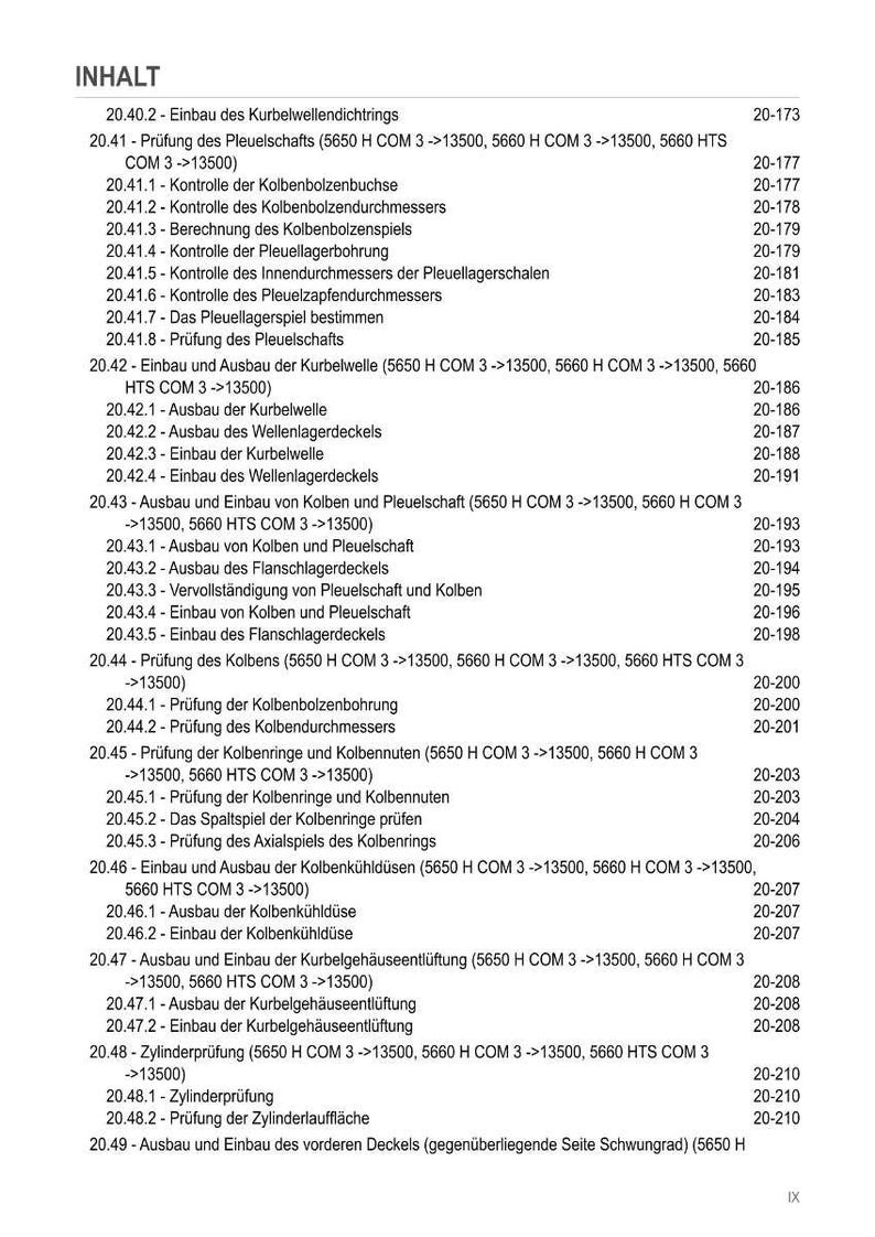 May include: A detailed table of contents in German, listing various engine component checks and procedures. Includes sections on crankshaft, piston, and cylinder inspections, with corresponding page numbers.